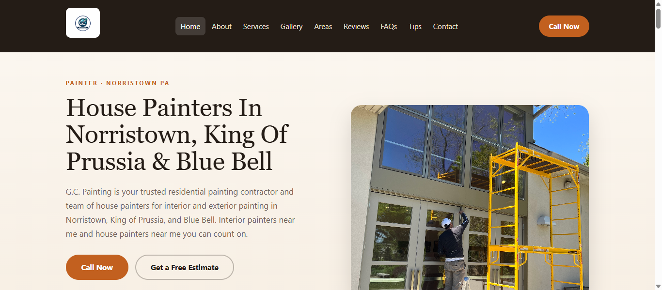 G.C. Painting companion website on desktop, with service-area heading and contact buttons
