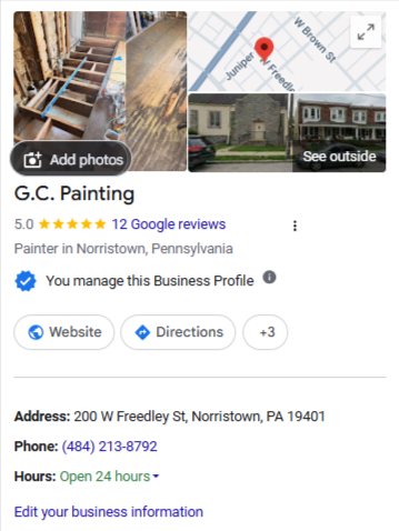 G.C. Painting Google Business Profile Knowledge Panel showing its business details and website link
