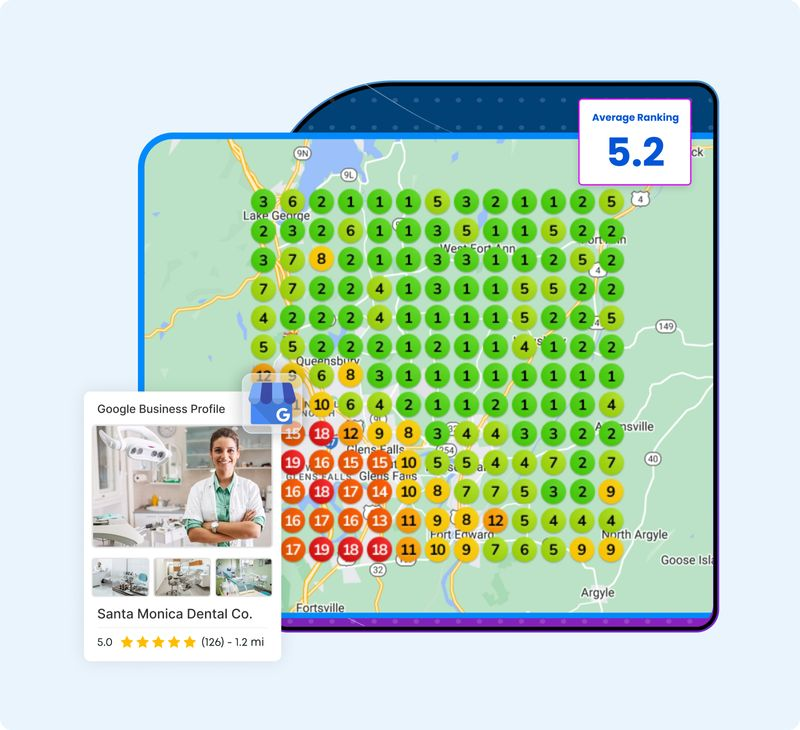 Local ranking heatmap paired with an illustrative Google Business Profile