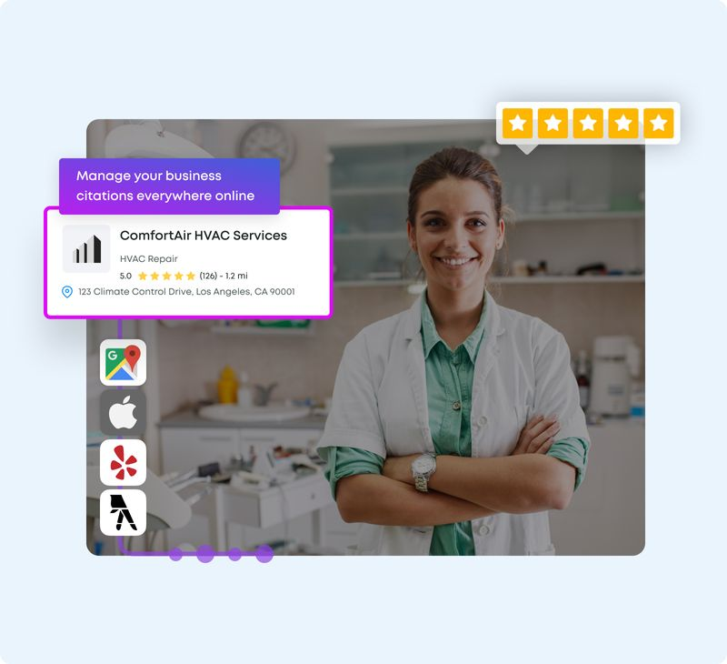 Illustrative local business profile connected to listing and review channels