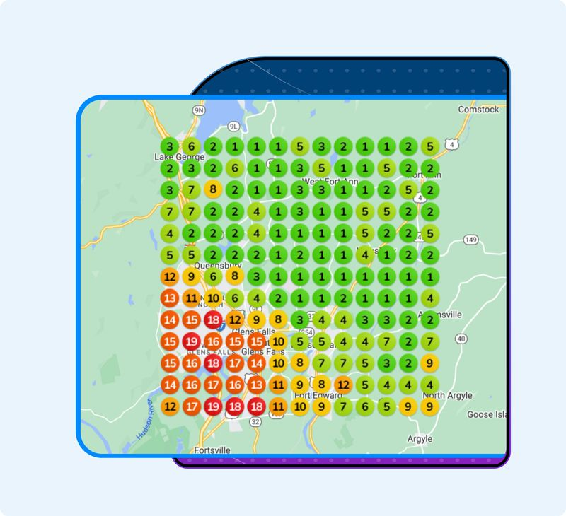 Local search ranking heatmap showing visibility across a service area