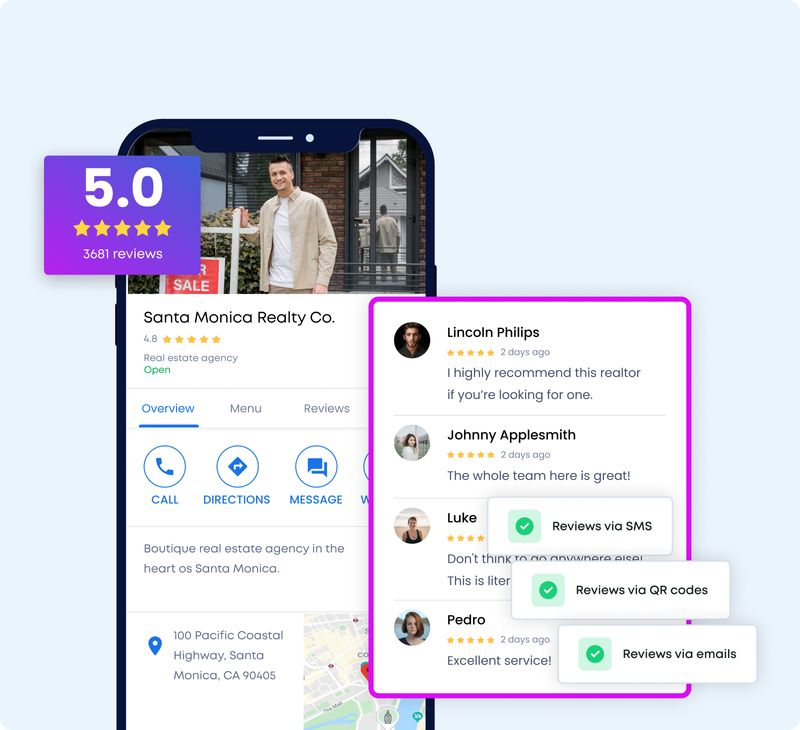 Illustrative real-estate business profile with customer review channels
