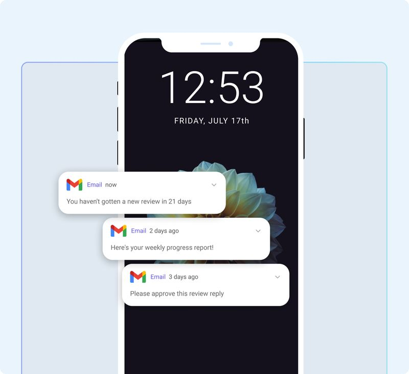 Mobile notifications for a new review, progress report, and reply approval