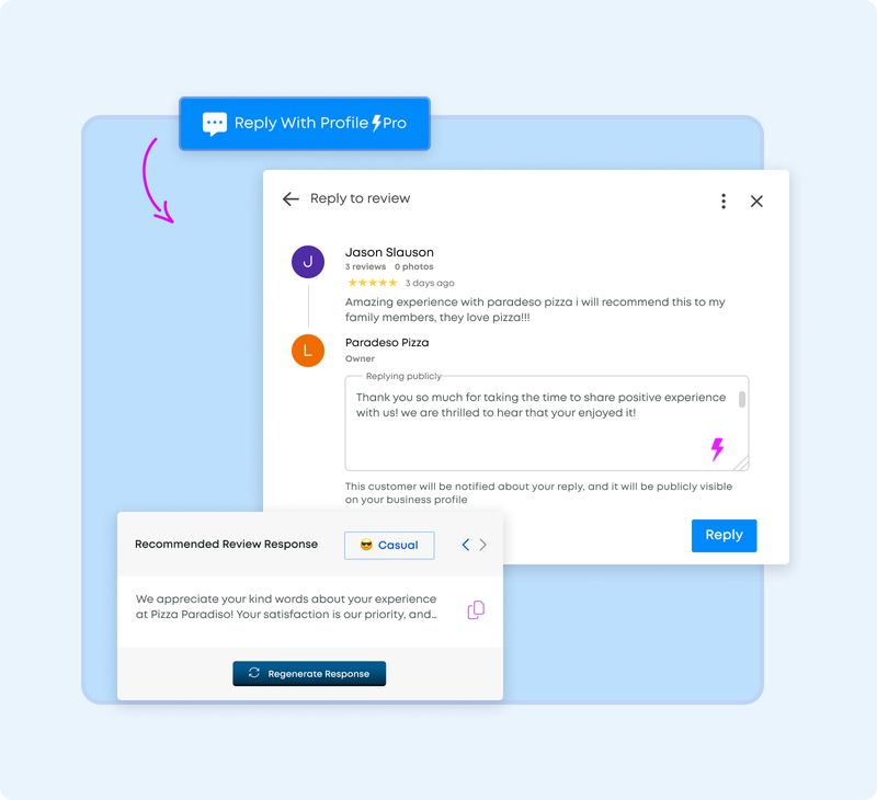 Illustrative review response editor with a customer review and draft reply