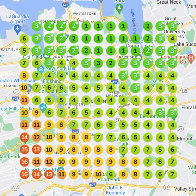 Local map ranking grid changing from mixed positions to mostly number-one and number-two positions across the search area