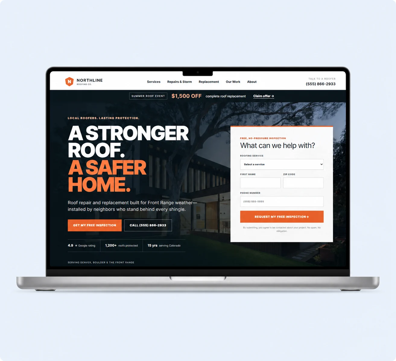 Northline Roofing lead-generation website displayed on an open laptop