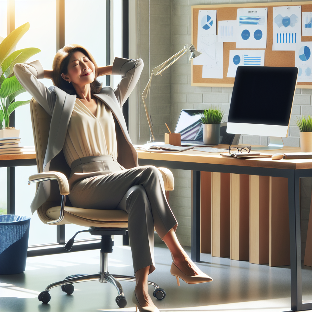 asian female marketing executive leaning back in an office chair with hands behind their head