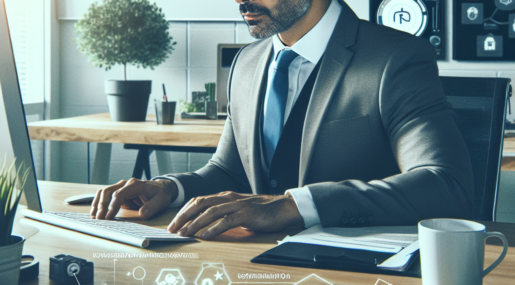 man in suit sitting at a desk at his agengy helping clients with white-label reputation management reseller software