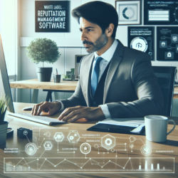 man in suit sitting at a desk at his agengy helping clients with white-label reputation management reseller software