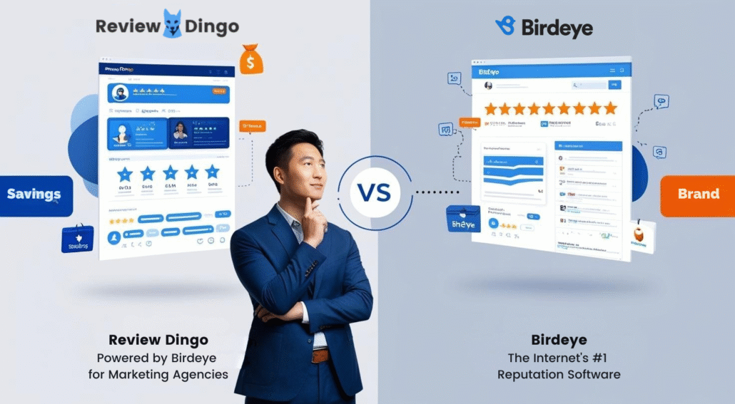 Review Dingo vs Birdeye graphic comparing the two reputation management platforms side-by-side with man in suit weighing the differences