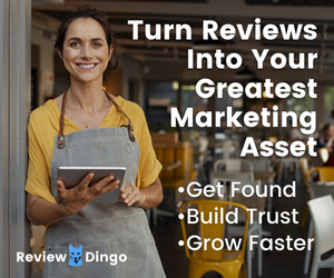 sidebar banner ad with woman business owner holding tablet with text saying turn reviews Into your best marketing asset