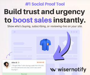 wisernotify sidebar ad saying build trust and urgency to boost sales instantly