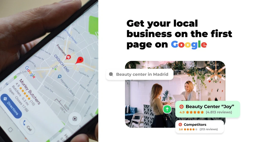 First Page on Google image of Google maps showing business location with text saying get your local business on the first page of google