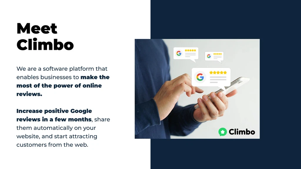 Meet Climbo hands using mobile phone with text saying meet climbo